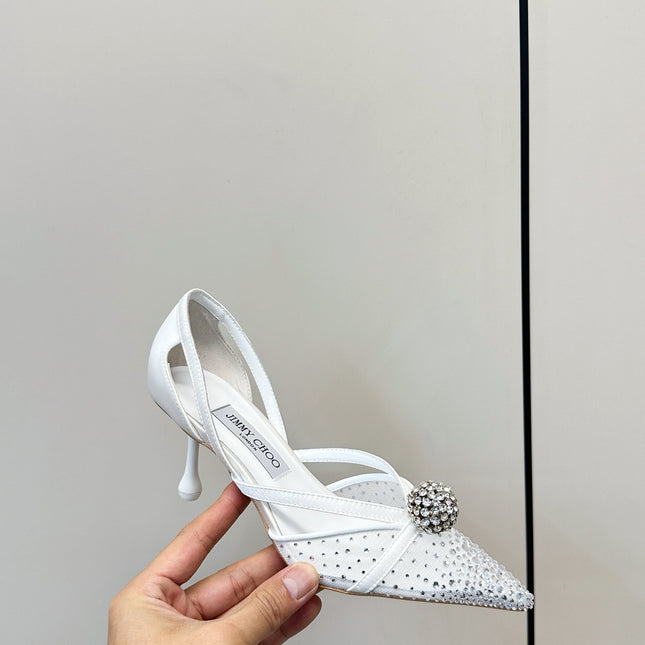 JIMMY CHOO 26S POINTED-TOE HIGH HEELS IN WHITE CRYSTAL EMBELLISHMENT