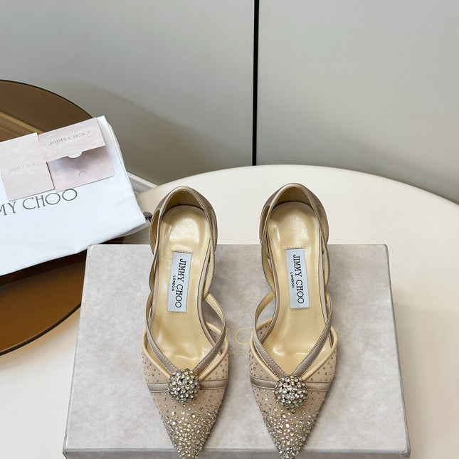 JIMMY CHOO 26S POINTED-TOE HIGH HEELS IN BEIGE CRYSTAL EMBELLISHMENT