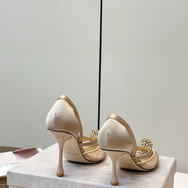 JIMMY CHOO 26S POINTED-TOE HIGH HEELS IN BEIGE CRYSTAL EMBELLISHMENT