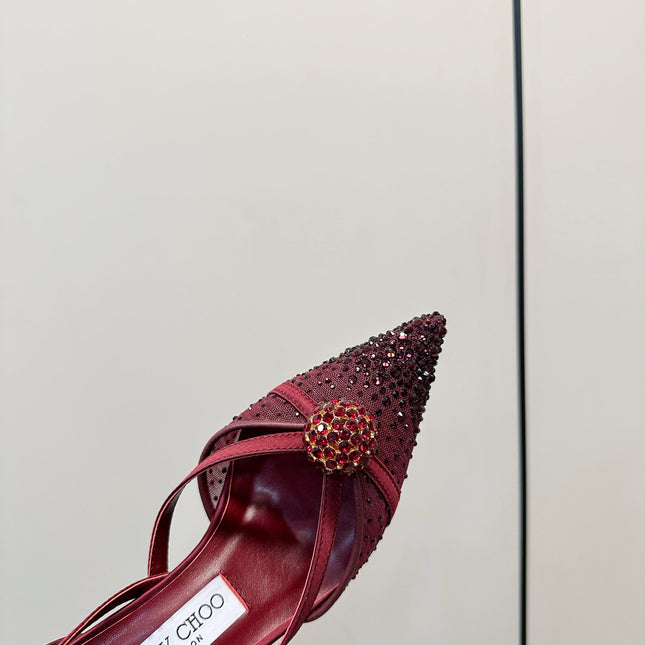 JIMMY CHOO 26S POINTED-TOE HIGH HEELS IN DARK RED CRYSTAL EMBELLISHMENT