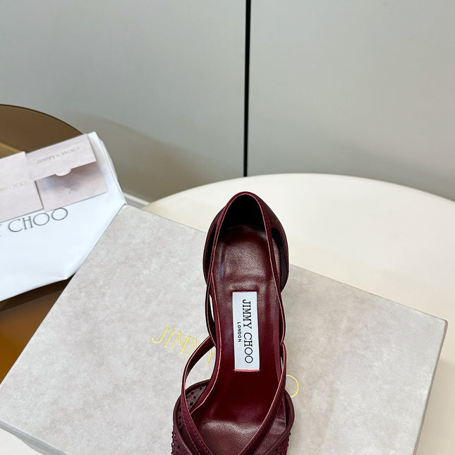 JIMMY CHOO 26S POINTED-TOE HIGH HEELS IN DARK RED CRYSTAL EMBELLISHMENT
