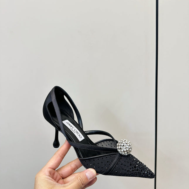 JIMMY CHOO 26S POINTED-TOE HIGH HEELS IN BLACK CRYSTAL EMBELLISHMENT