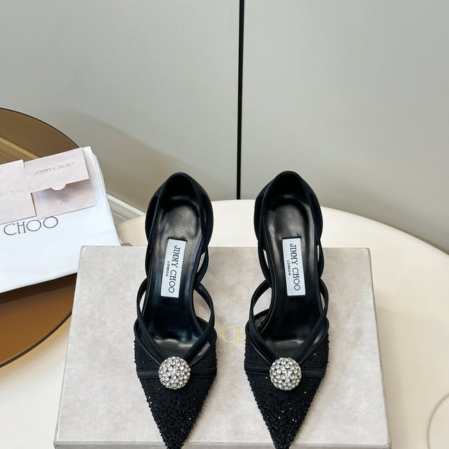 JIMMY CHOO 26S POINTED-TOE HIGH HEELS IN BLACK CRYSTAL EMBELLISHMENT