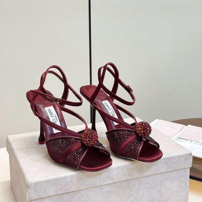 JIMMY CHOO 26S  HEELED SANDALS 100 MM IN DARK RED CRYSTAL EMBELLISHMENT