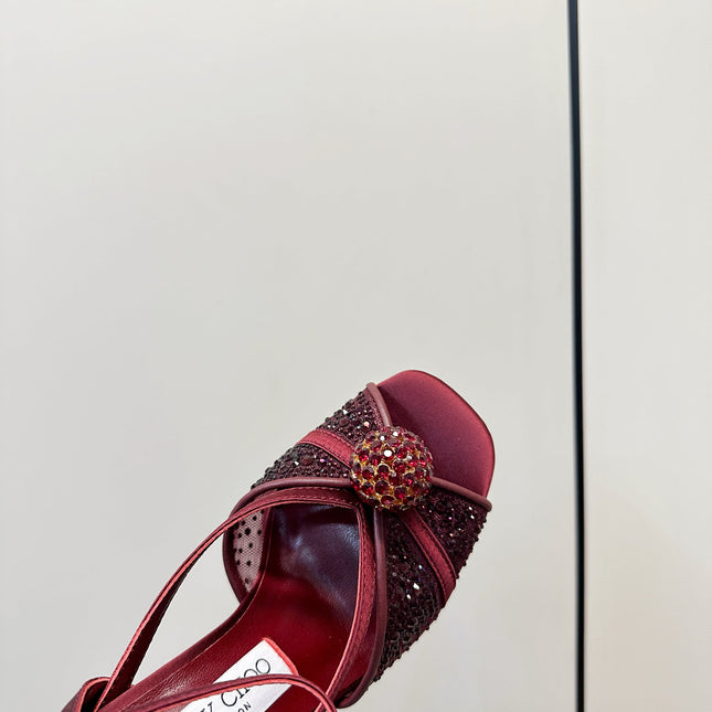 JIMMY CHOO 26S  HEELED SANDALS 100 MM IN DARK RED CRYSTAL EMBELLISHMENT