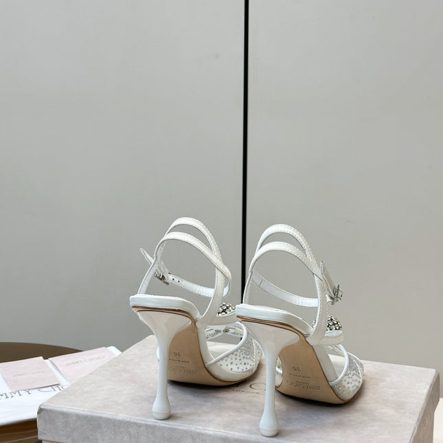 JIMMY CHOO 26S HEELED SANDALS 100 MM IN WHITE CRYSTAL EMBELLISHMENT