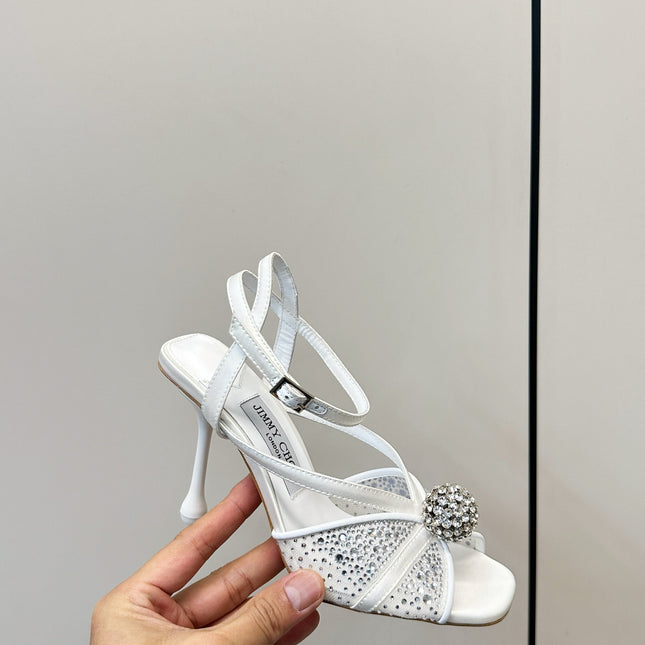 JIMMY CHOO 26S HEELED SANDALS 100 MM IN WHITE CRYSTAL EMBELLISHMENT