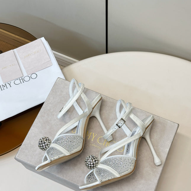 JIMMY CHOO 26S HEELED SANDALS 100 MM IN WHITE CRYSTAL EMBELLISHMENT