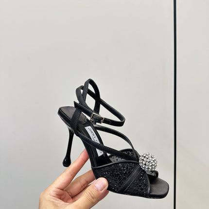 JIMMY CHOO 26S HEELED SANDALS 100 MM IN BLACK CRYSTAL EMBELLISHMENT