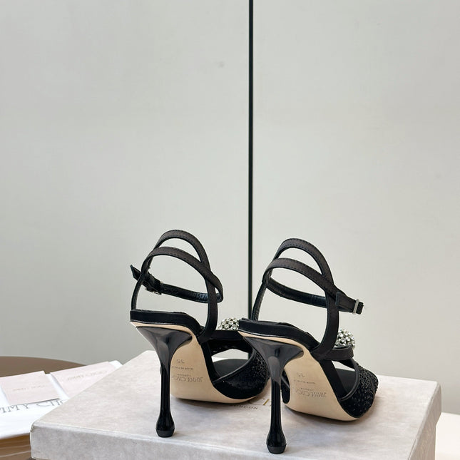 JIMMY CHOO 26S HEELED SANDALS 100 MM IN BLACK CRYSTAL EMBELLISHMENT