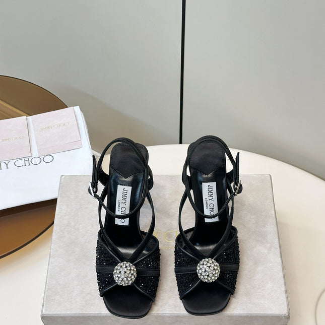 JIMMY CHOO 26S HEELED SANDALS 100 MM IN BLACK CRYSTAL EMBELLISHMENT