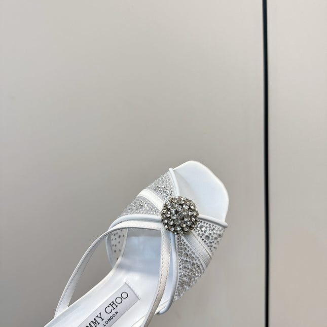 JIMMY CHOO 26S SACORA MULE 80 MM IN WHITE CRYSTAL EMBELLISHMENT