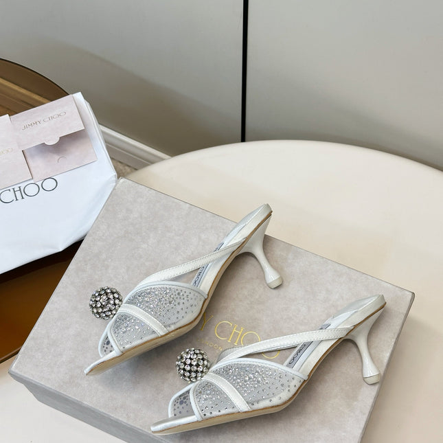 JIMMY CHOO 26S SACORA MULE 80 MM IN WHITE CRYSTAL EMBELLISHMENT