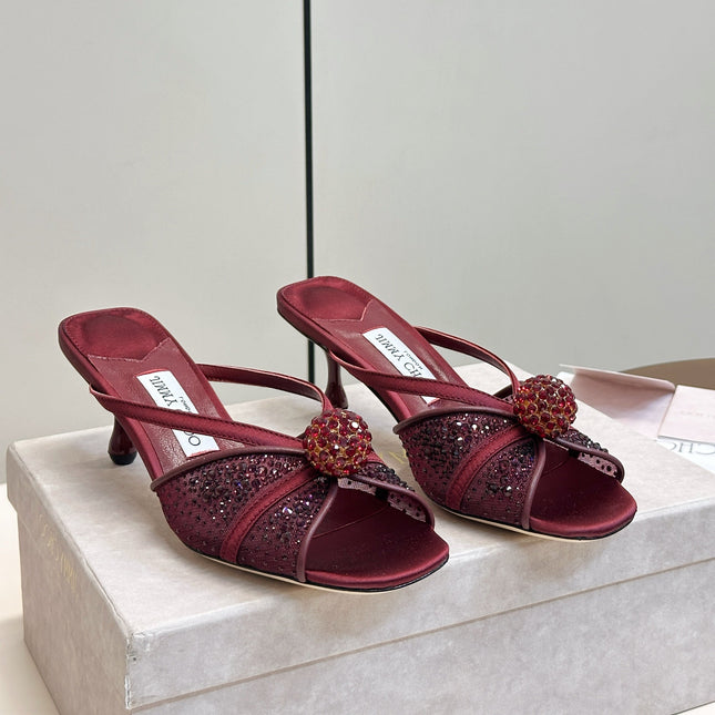 JIMMY CHOO 26S SACORA MULE 80 MM IN DARK RED CRYSTAL EMBELLISHMENT