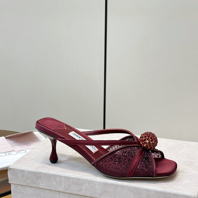 JIMMY CHOO 26S SACORA MULE 80 MM IN DARK RED CRYSTAL EMBELLISHMENT
