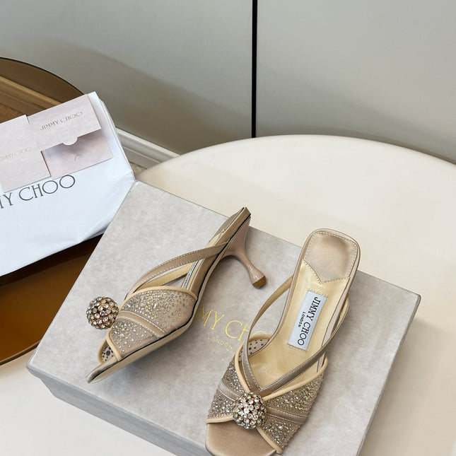 JIMMY CHOO 26S SACORA MULE 80 MM IN BEIGE CRYSTAL EMBELLISHMENT
