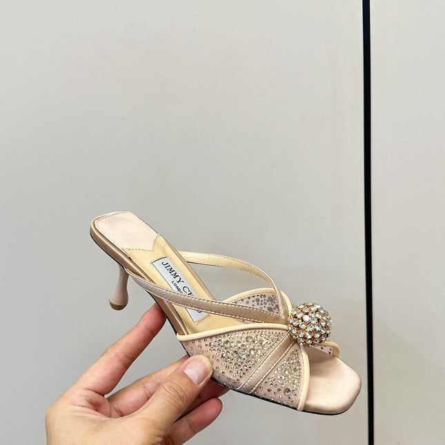 JIMMY CHOO 26S SACORA MULE 80 MM IN BEIGE CRYSTAL EMBELLISHMENT