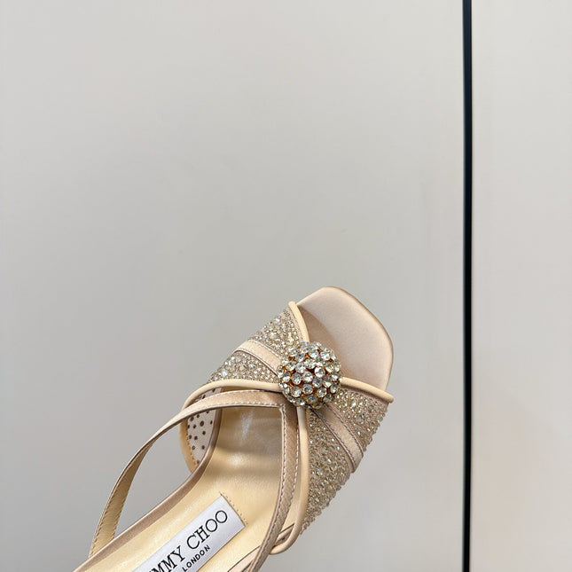 JIMMY CHOO 26S SACORA MULE 80 MM IN BEIGE CRYSTAL EMBELLISHMENT
