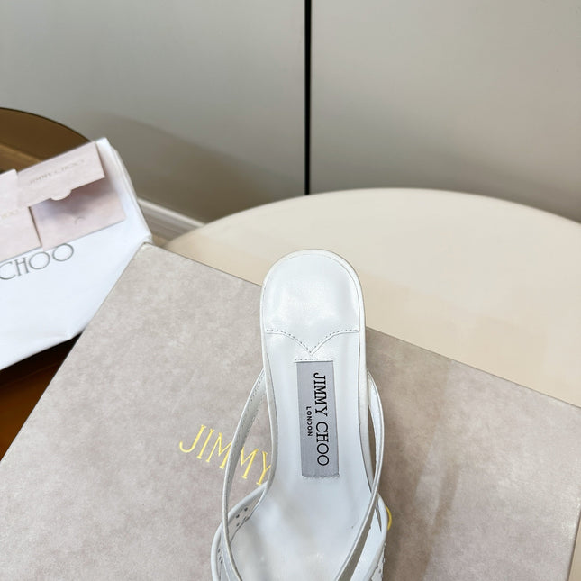 JIMMY CHOO 26S HEELED MULES 80 MM IN WHITE CRYSTAL EMBELLISHMENT
