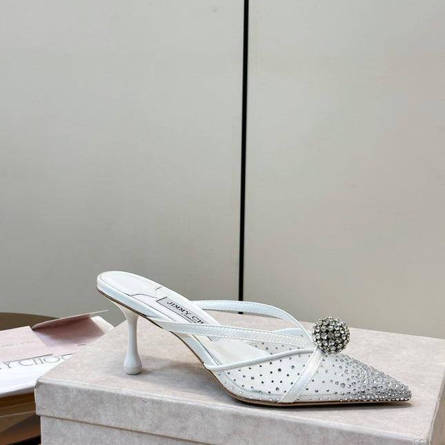 JIMMY CHOO 26S HEELED MULES 80 MM IN WHITE CRYSTAL EMBELLISHMENT