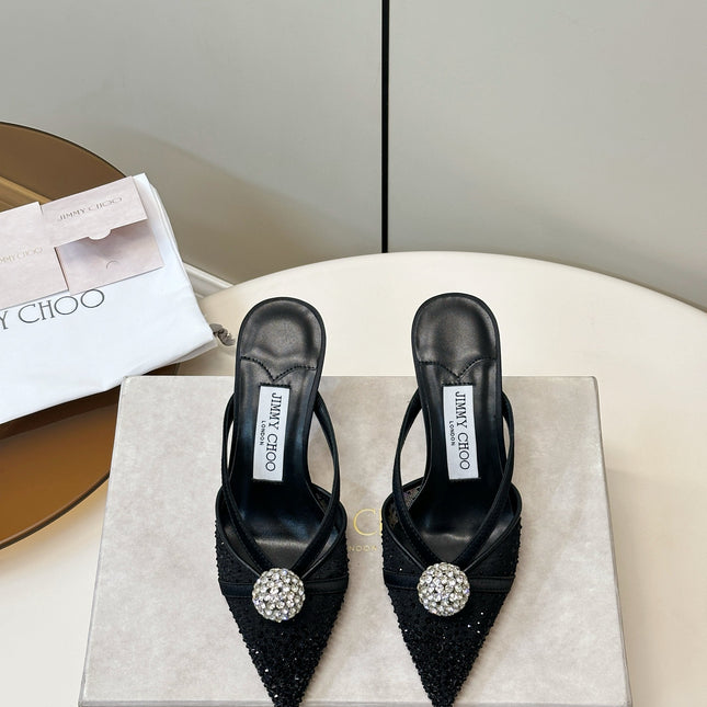 JIMMY CHOO 26S HEELED MULES 80 MM IN BLACK CRYSTAL EMBELLISHMENT