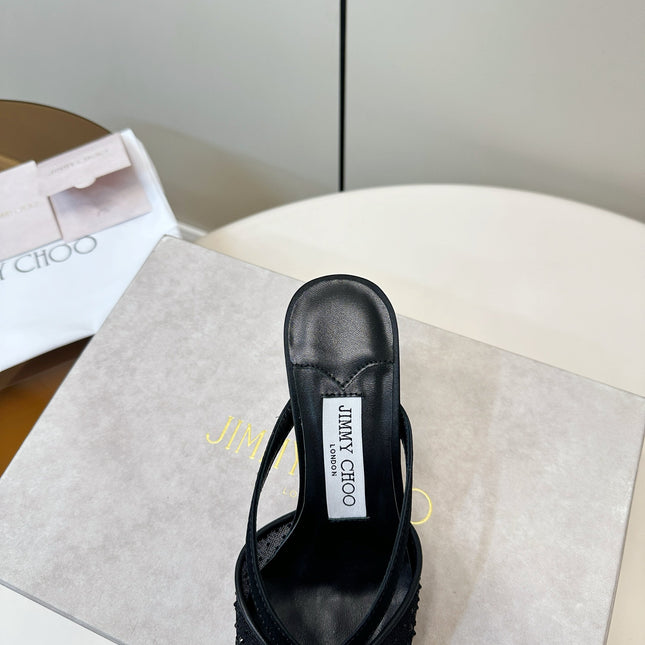 JIMMY CHOO 26S HEELED MULES 80 MM IN BLACK CRYSTAL EMBELLISHMENT