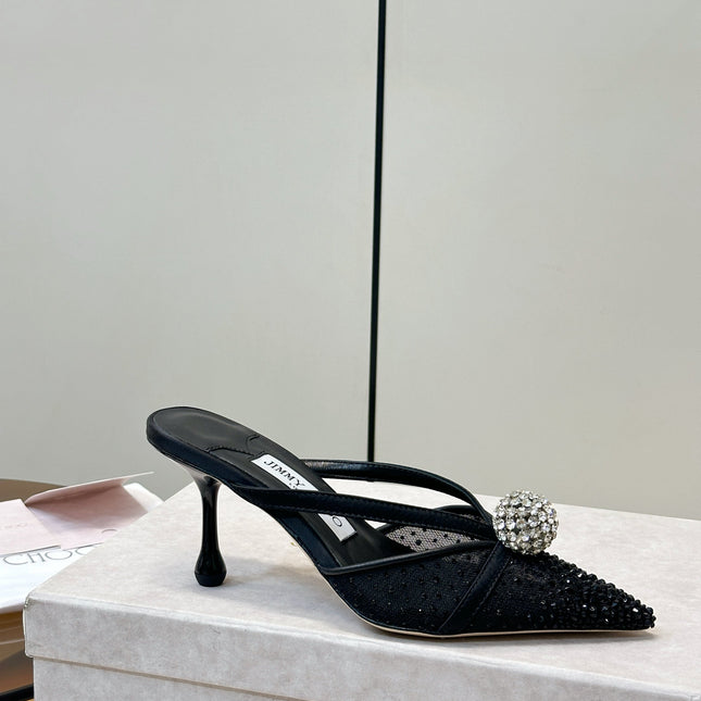 JIMMY CHOO 26S HEELED MULES 80 MM IN BLACK CRYSTAL EMBELLISHMENT