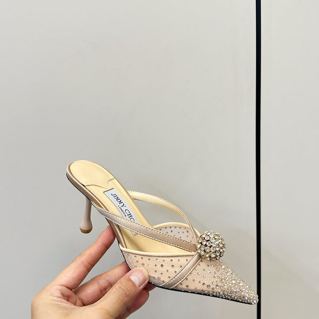 JIMMY CHOO 26S HEELED MULES 80 MM IN BEIGE CRYSTAL EMBELLISHMENT