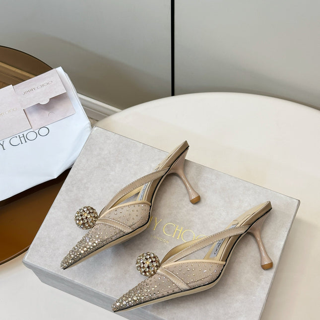 JIMMY CHOO 26S HEELED MULES 80 MM IN BEIGE CRYSTAL EMBELLISHMENT