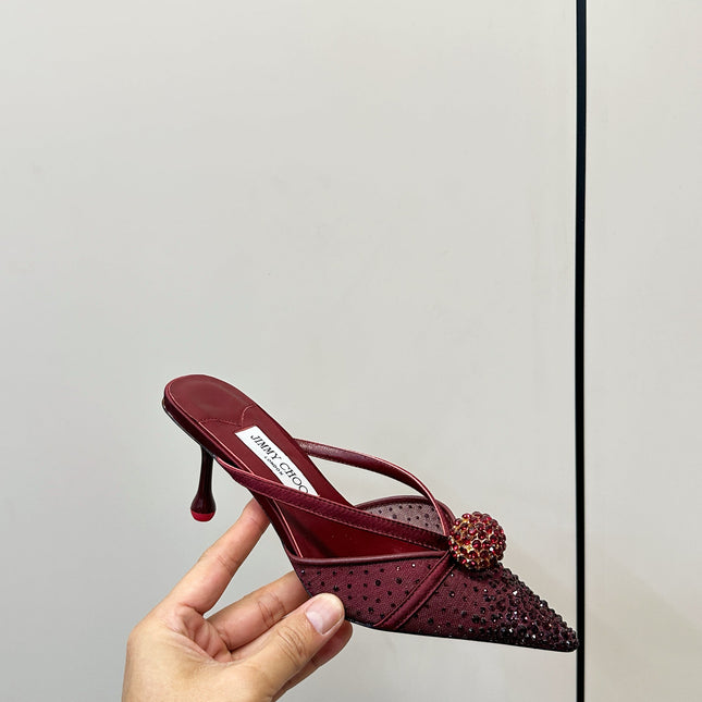 JIMMY CHOO 26S HEELED MULES 80 MM IN DARK RED CRYSTAL EMBELLISHMENT