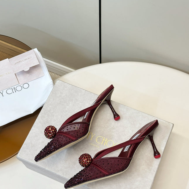 JIMMY CHOO 26S HEELED MULES 80 MM IN DARK RED CRYSTAL EMBELLISHMENT