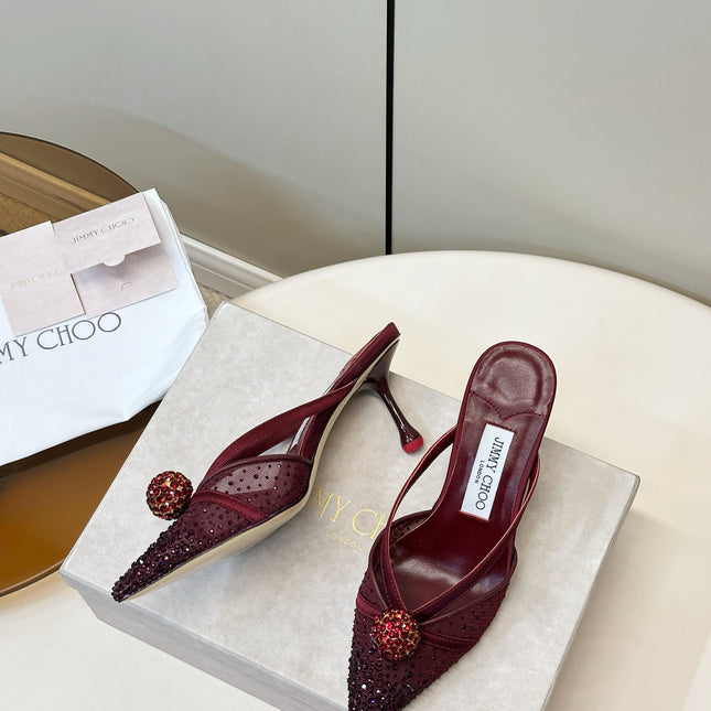 JIMMY CHOO 26S HEELED MULES 80 MM IN DARK RED CRYSTAL EMBELLISHMENT
