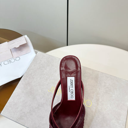 JIMMY CHOO 26S HEELED MULES 80 MM IN DARK RED CRYSTAL EMBELLISHMENT