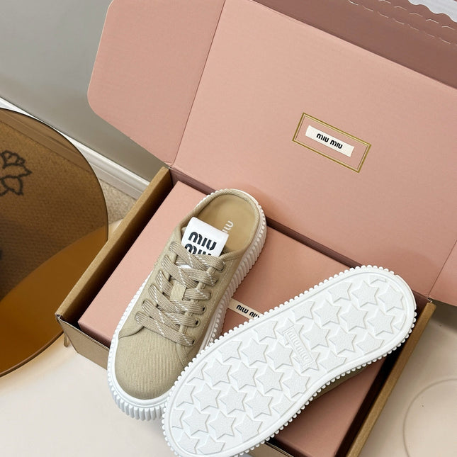 MIUMIU 26S SNEAKER MULES IN BEIGE CANVAS