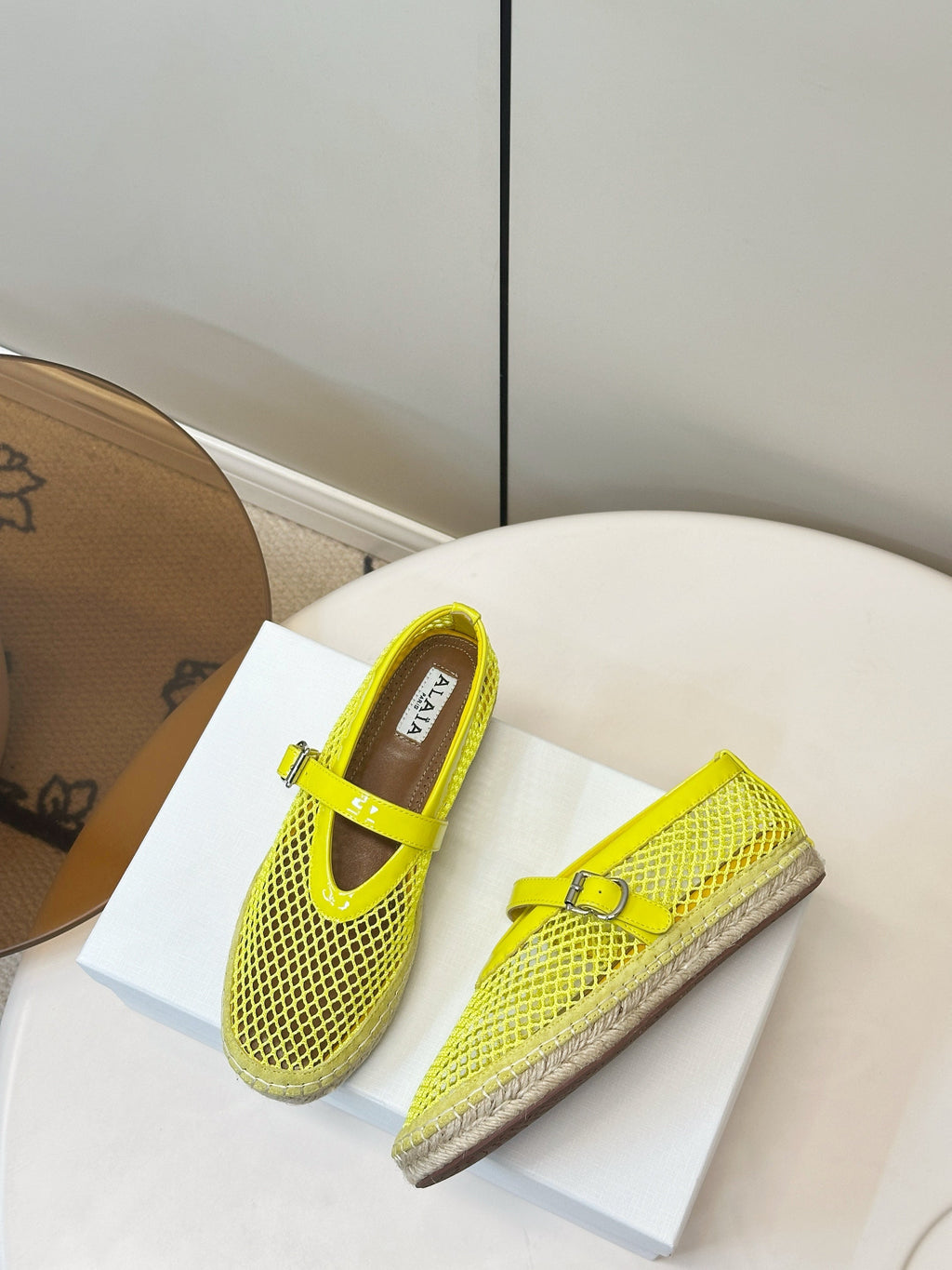 ALAIA 26S ESPADRILLES IN NEON YELLOW SOFT PATENT LEATHER AND MESH