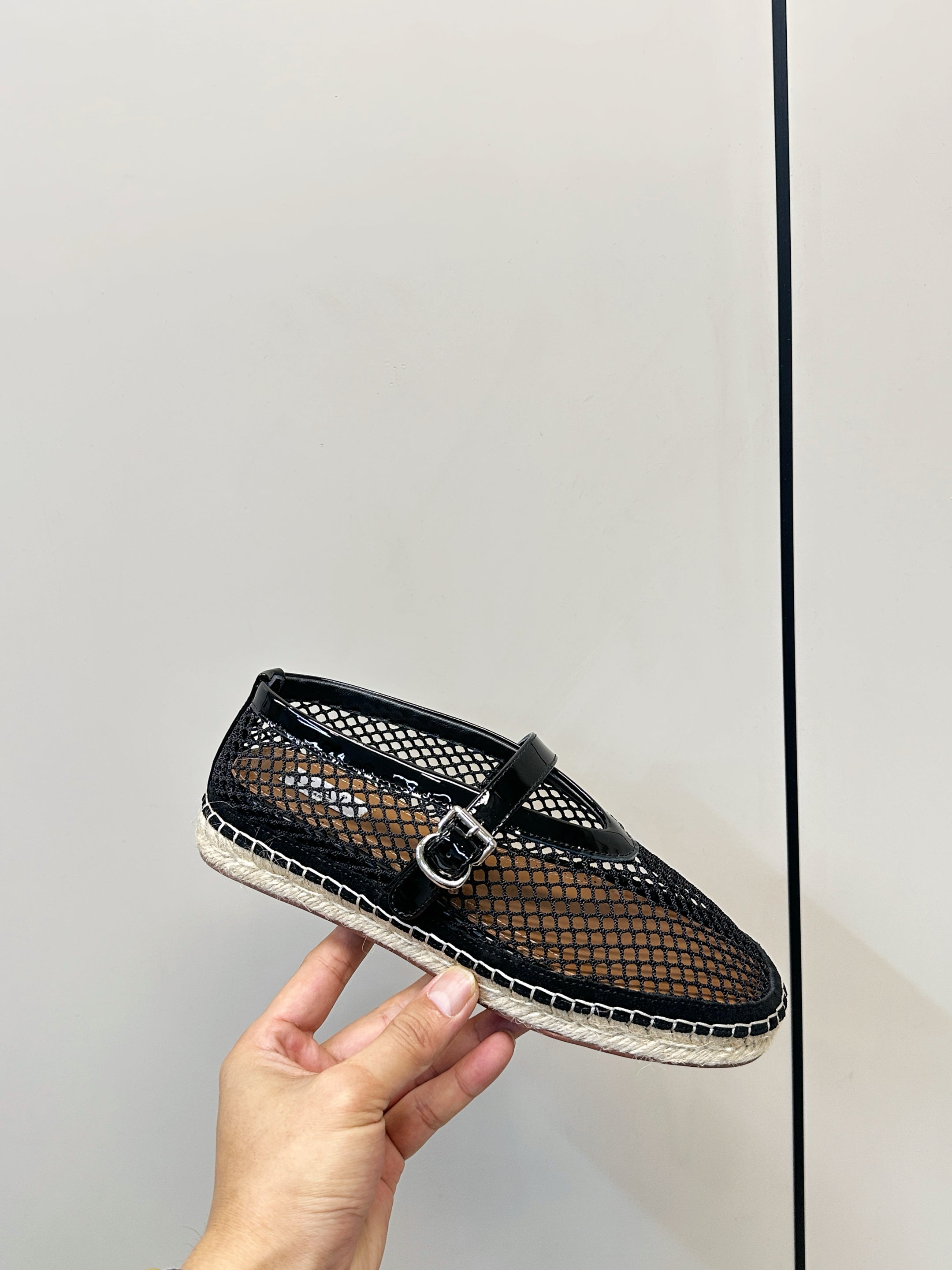 ALAIA 26S ESPADRILLES IN BLACK SOFT PATENT LEATHER AND MESH