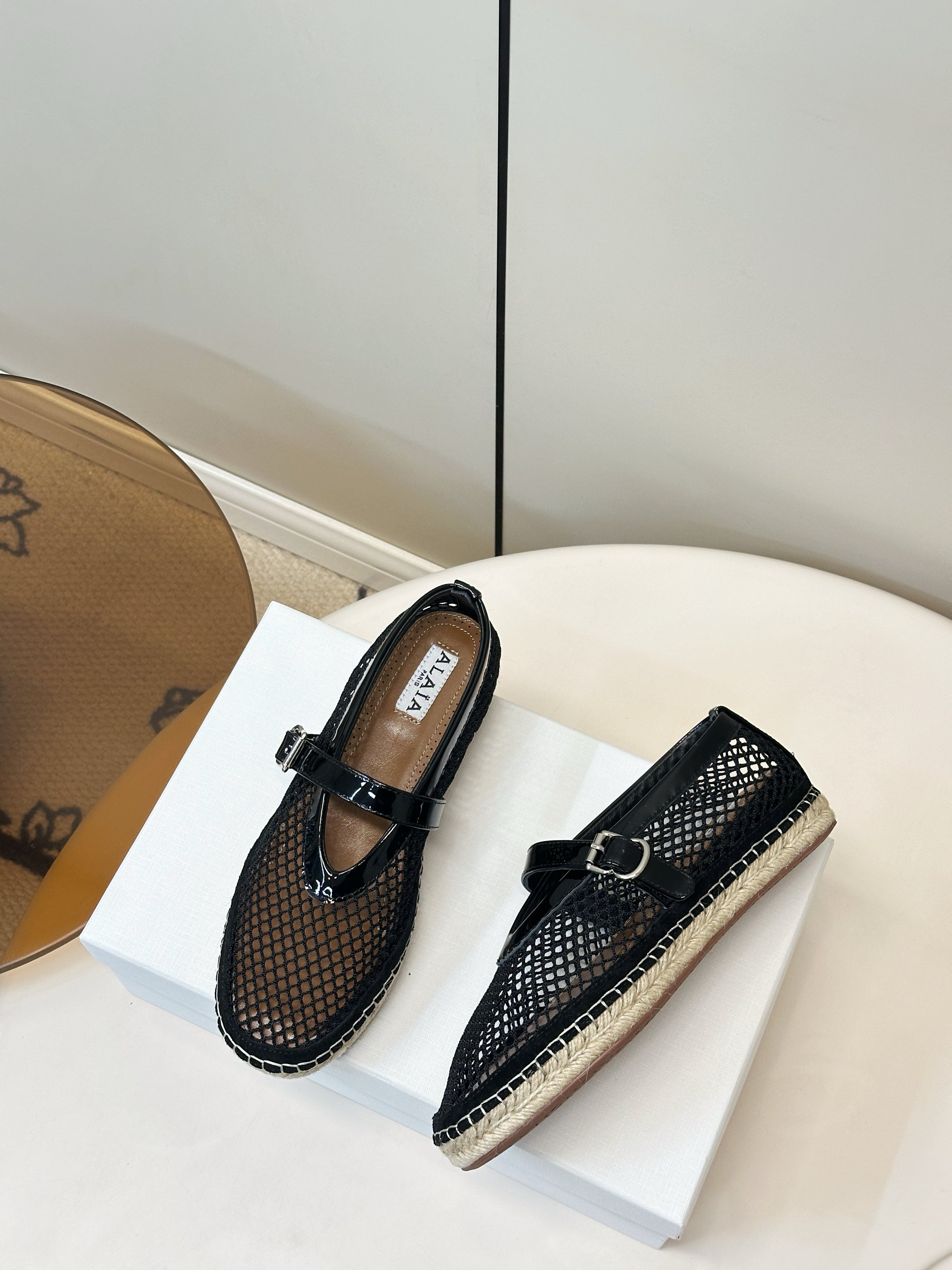 ALAIA 26S ESPADRILLES IN BLACK SOFT PATENT LEATHER AND MESH