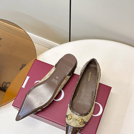 GUCCI 26S STUD BALLET FLATS IN BEIGE CANVAS AND BROWN CALFSKIN