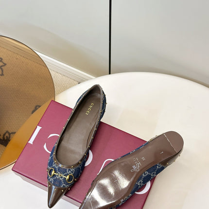 GUCCI 26S STUD BALLET FLATS IN BLUE DENIM AND BROWN CALFSKIN