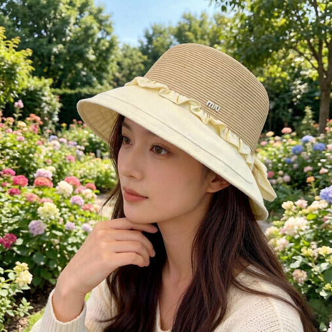 MIUMIU 26S STRAW HAT WITH RUFFLED FABRIC BRIM 340410