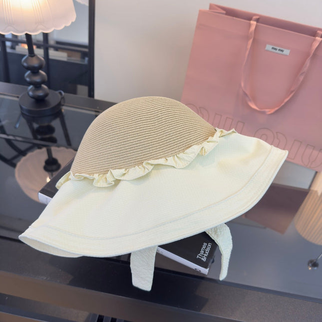 MIUMIU 26S STRAW HAT WITH RUFFLED FABRIC BRIM 340410