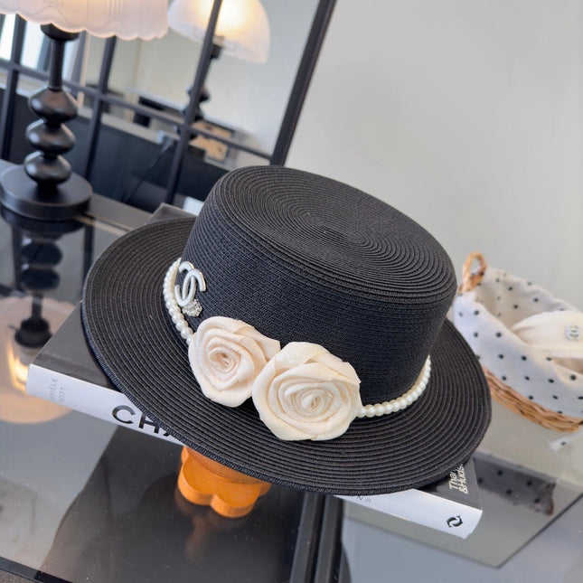 CHANEL 26S BOATER HAT FLORAL EMBELLISHMENT 338037