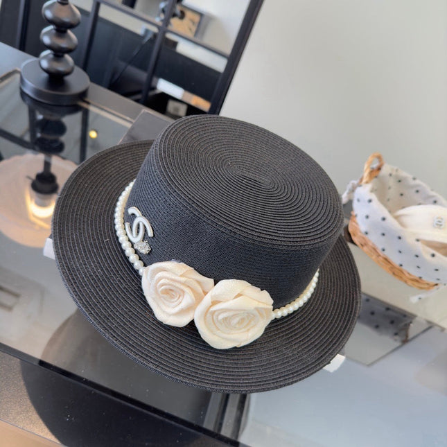 CHANEL 26S BOATER HAT FLORAL EMBELLISHMENT 338037