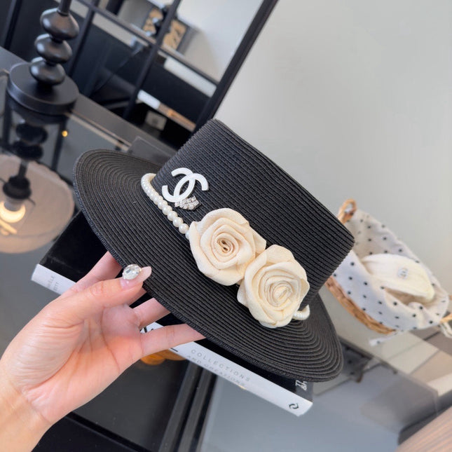 CHANEL 26S BOATER HAT FLORAL EMBELLISHMENT 338037