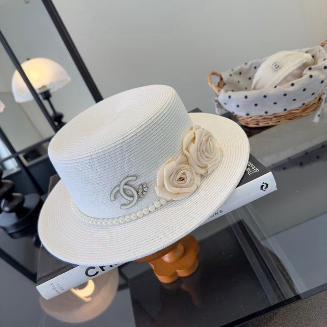 CHANEL 26S BOATER HAT FLORAL EMBELLISHMENT 338038