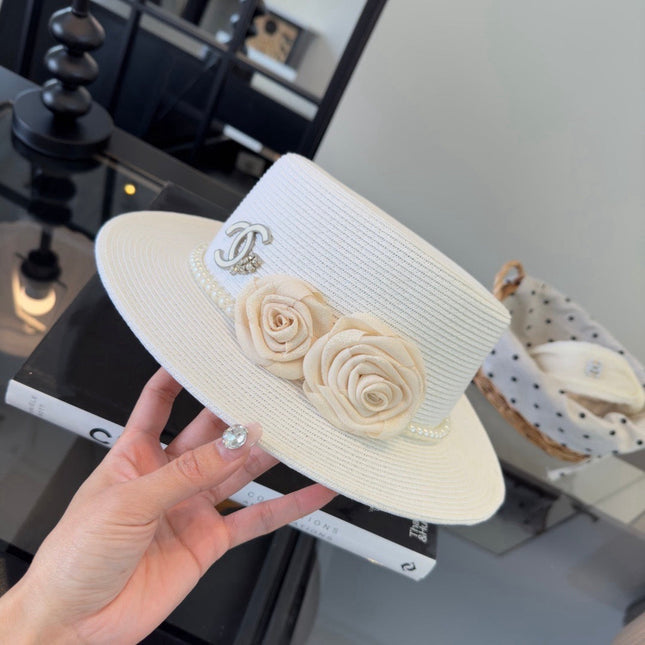 CHANEL 26S BOATER HAT FLORAL EMBELLISHMENT 338038