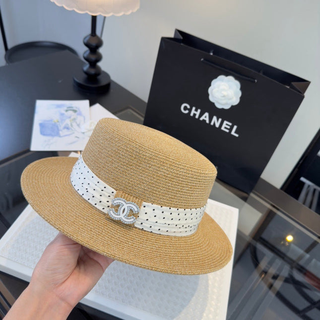 CHANEL 26S BOATER STRAW HAT WITH CRYSTAL-EMBELLISHED CC LOGO 338039