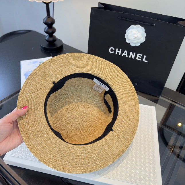 CHANEL 26S BOATER STRAW HAT WITH CRYSTAL-EMBELLISHED CC LOGO 338039