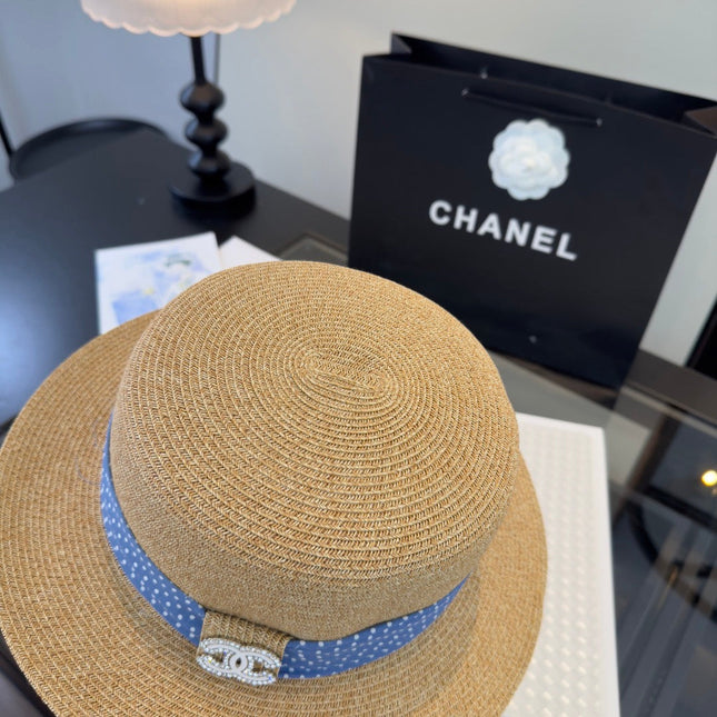 CHANEL 26S BOATER STRAW HAT WITH CRYSTAL-EMBELLISHED CC LOGO 338040