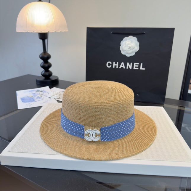 CHANEL 26S BOATER STRAW HAT WITH CRYSTAL-EMBELLISHED CC LOGO 338040